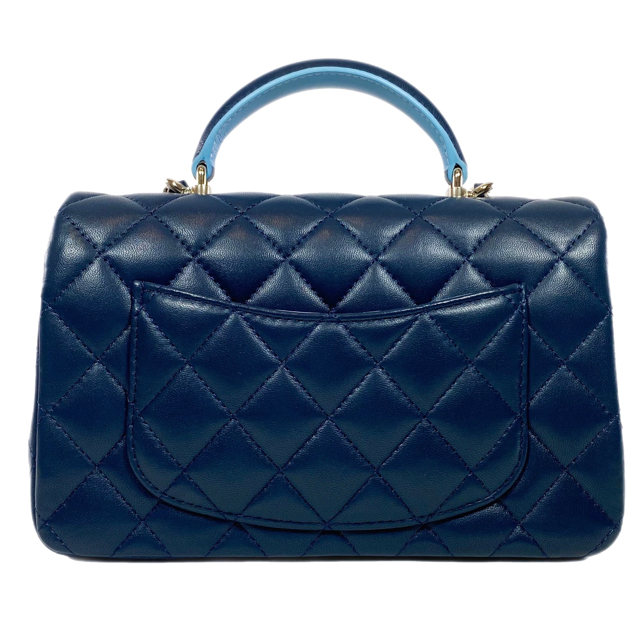 CHANEL Lambskin Quilted Bi-Color Mini Top Handle Rectangular Flap Navy Blue  Light Blue | FASHIONPHILE
