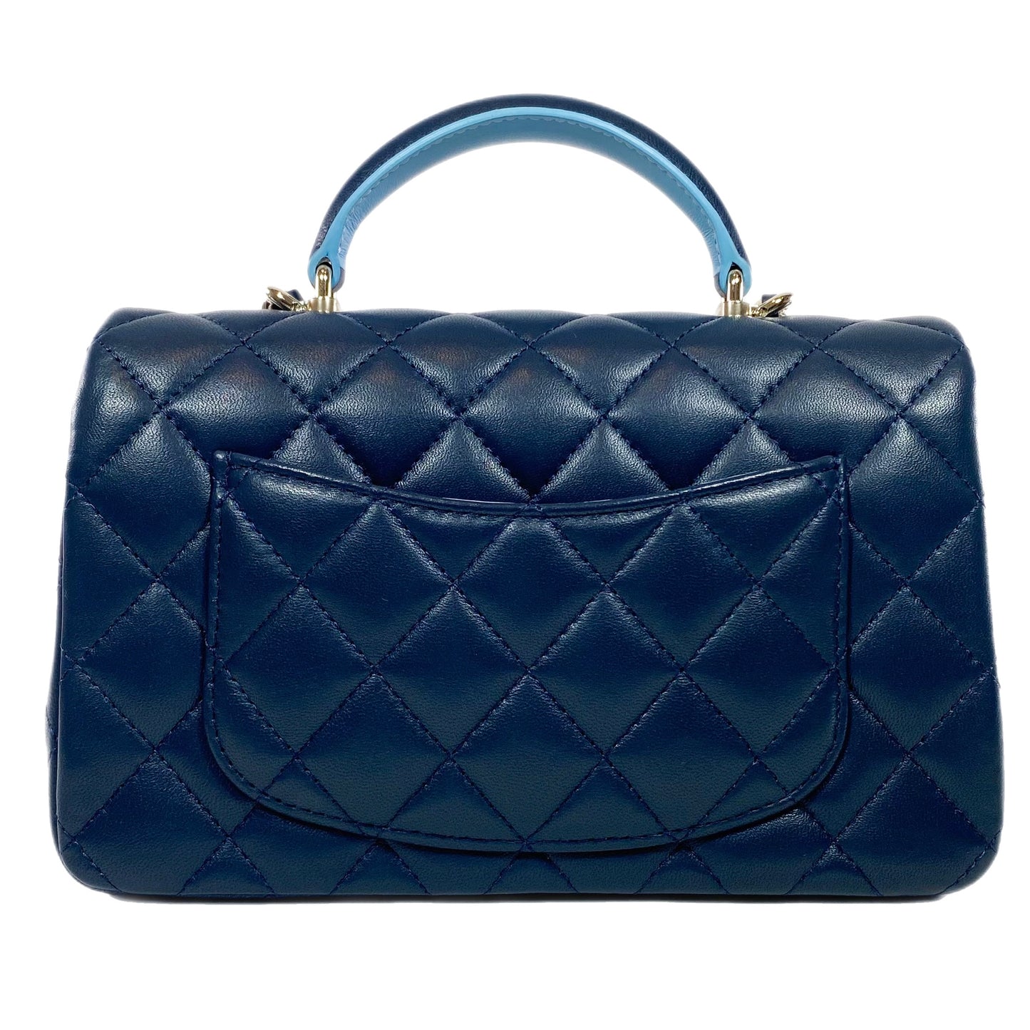 Chanel Quilted Lambskin Bi-Color Navy and Light Blue Mini Top Handle Rectangular Flap Bag
