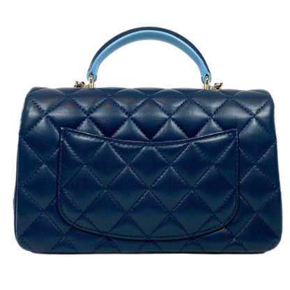 Chanel Quilted Lambskin Bi-Color Navy and Light Blue Mini Top Handle Rectangular Flap Bag