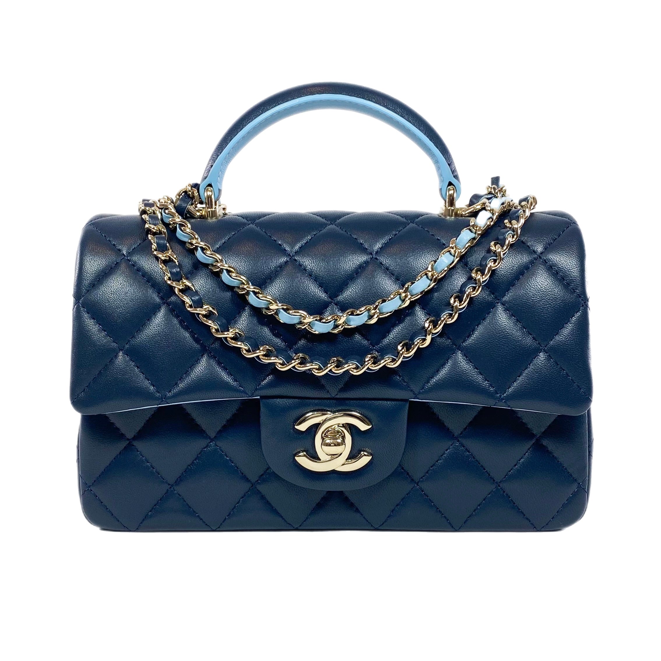 Chanel Quilted Lambskin Bi-Color Navy and Light Blue Mini Top