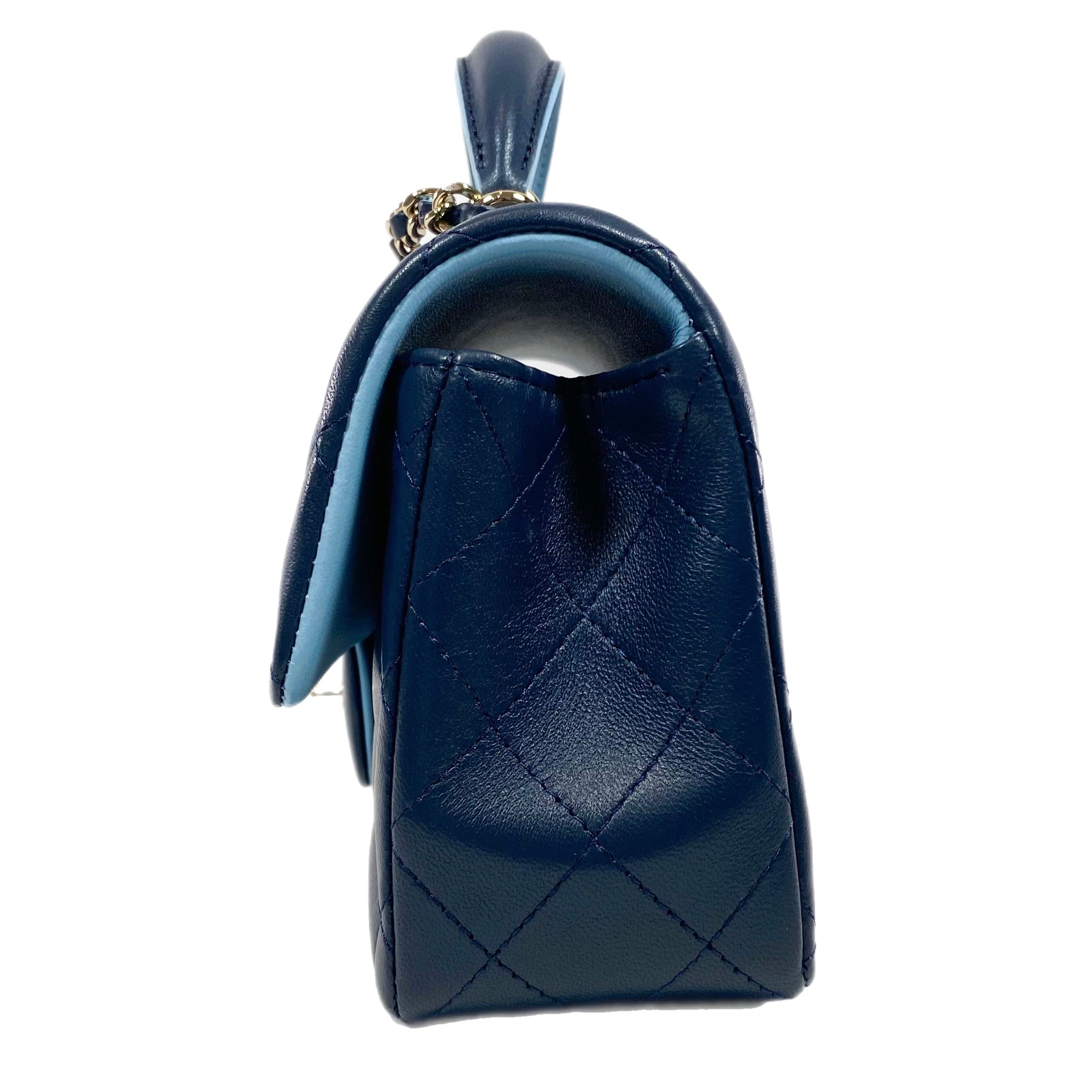 Chanel Quilted Lambskin Bi-Color Navy and Light Blue Mini Top Handle  Rectangular Flap Bag