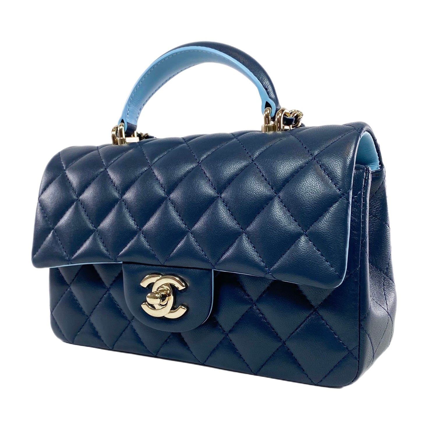 Chanel Quilted Lambskin Bi-Color Navy and Light Blue Mini Top Handle Rectangular Flap Bag