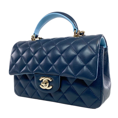 Chanel Quilted Lambskin Bi-Color Navy and Light Blue Mini Top Handle Rectangular Flap Bag