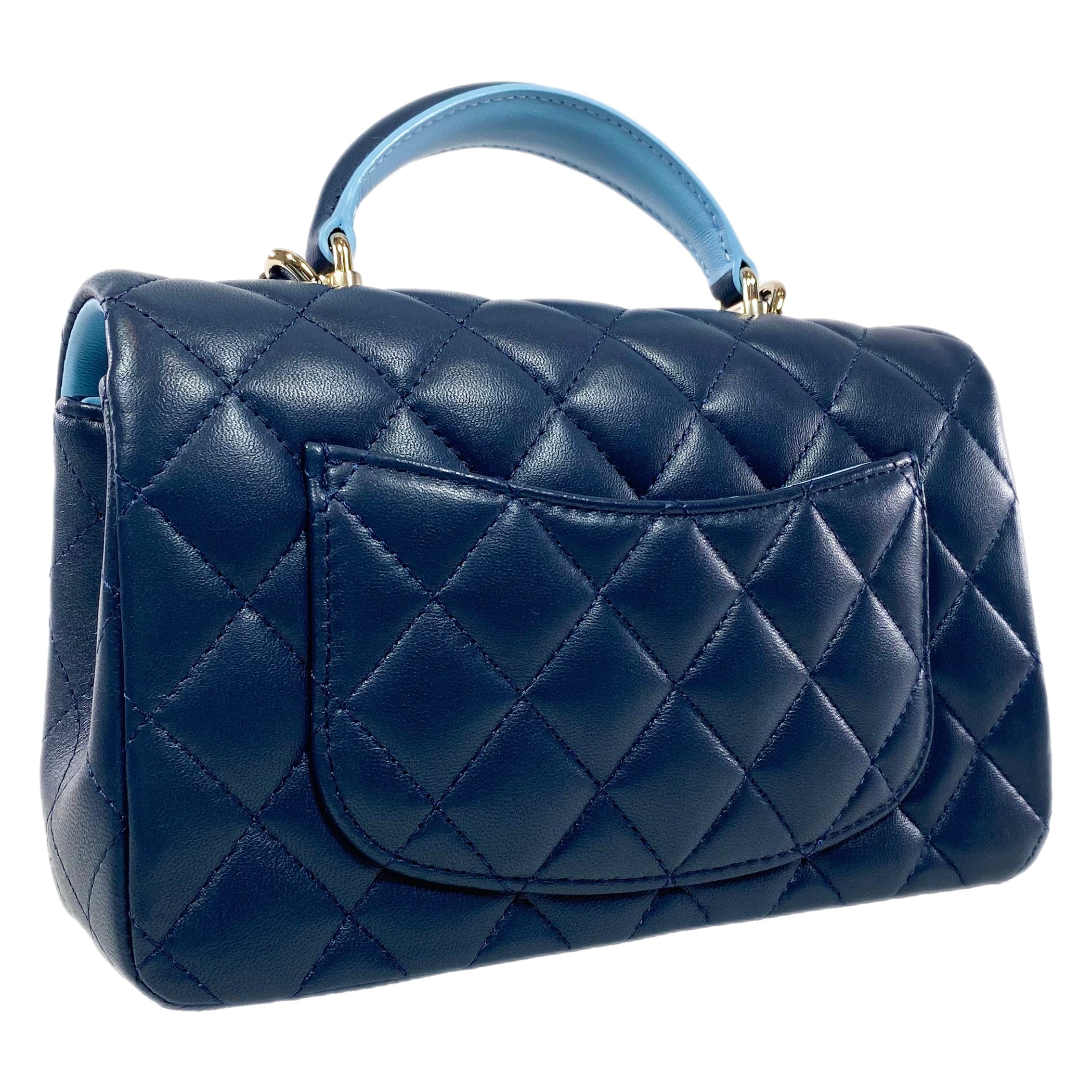Chanel Quilted Lambskin Bi-Color Navy and Light Blue Mini Top Handle  Rectangular Flap Bag