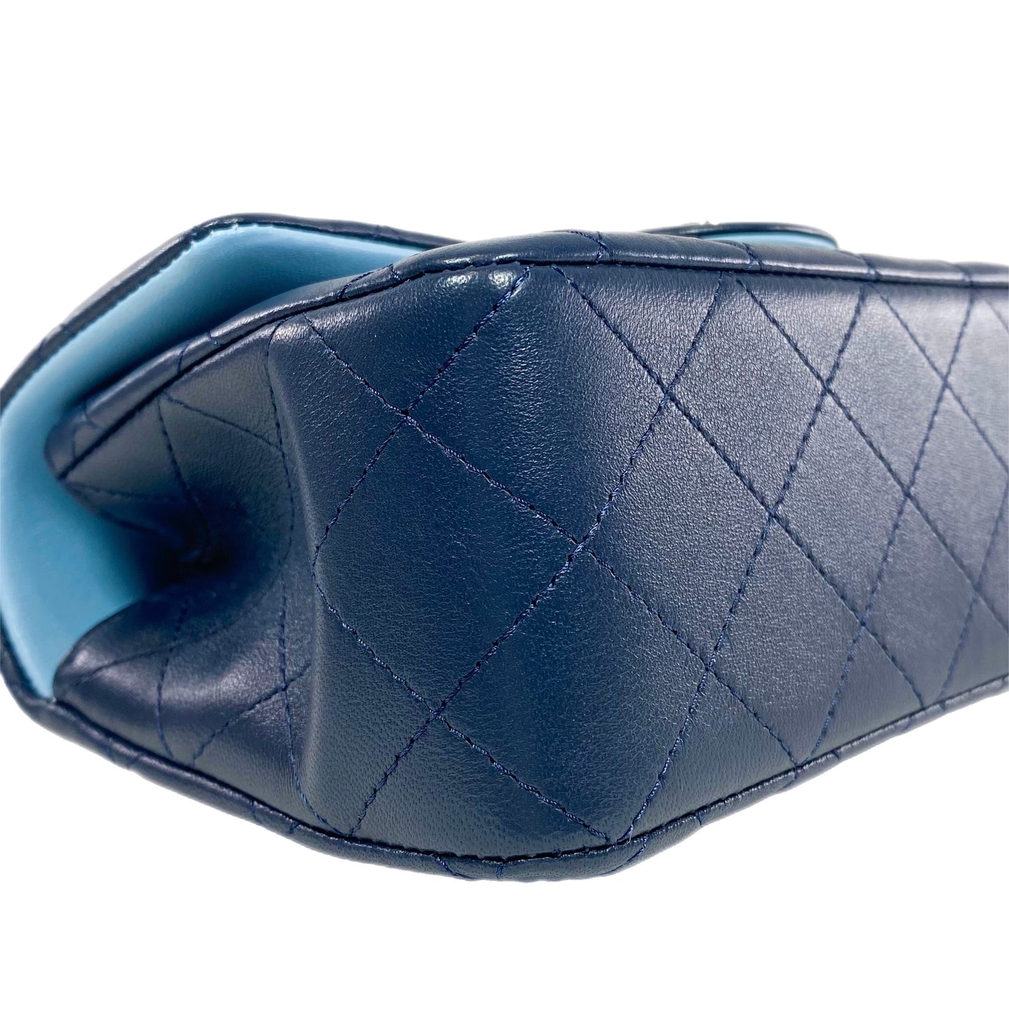 Chanel Quilted Lambskin Bi-Color Navy and Light Blue Mini Top Handle Rectangular Flap Bag