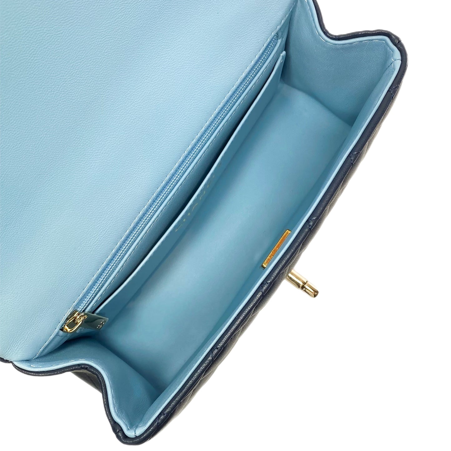 Chanel Quilted Lambskin Bi-Color Navy and Light Blue Mini Top Handle Rectangular Flap Bag