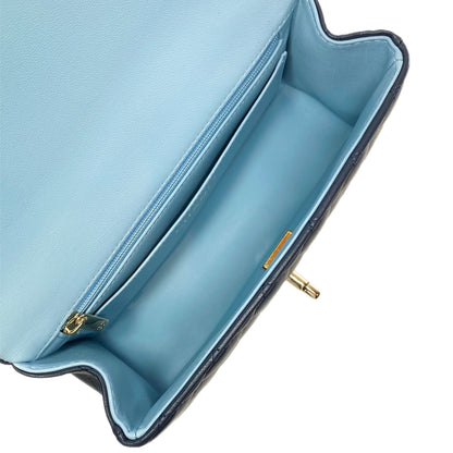 Chanel Quilted Lambskin Bi-Color Navy and Light Blue Mini Top Handle Rectangular Flap Bag