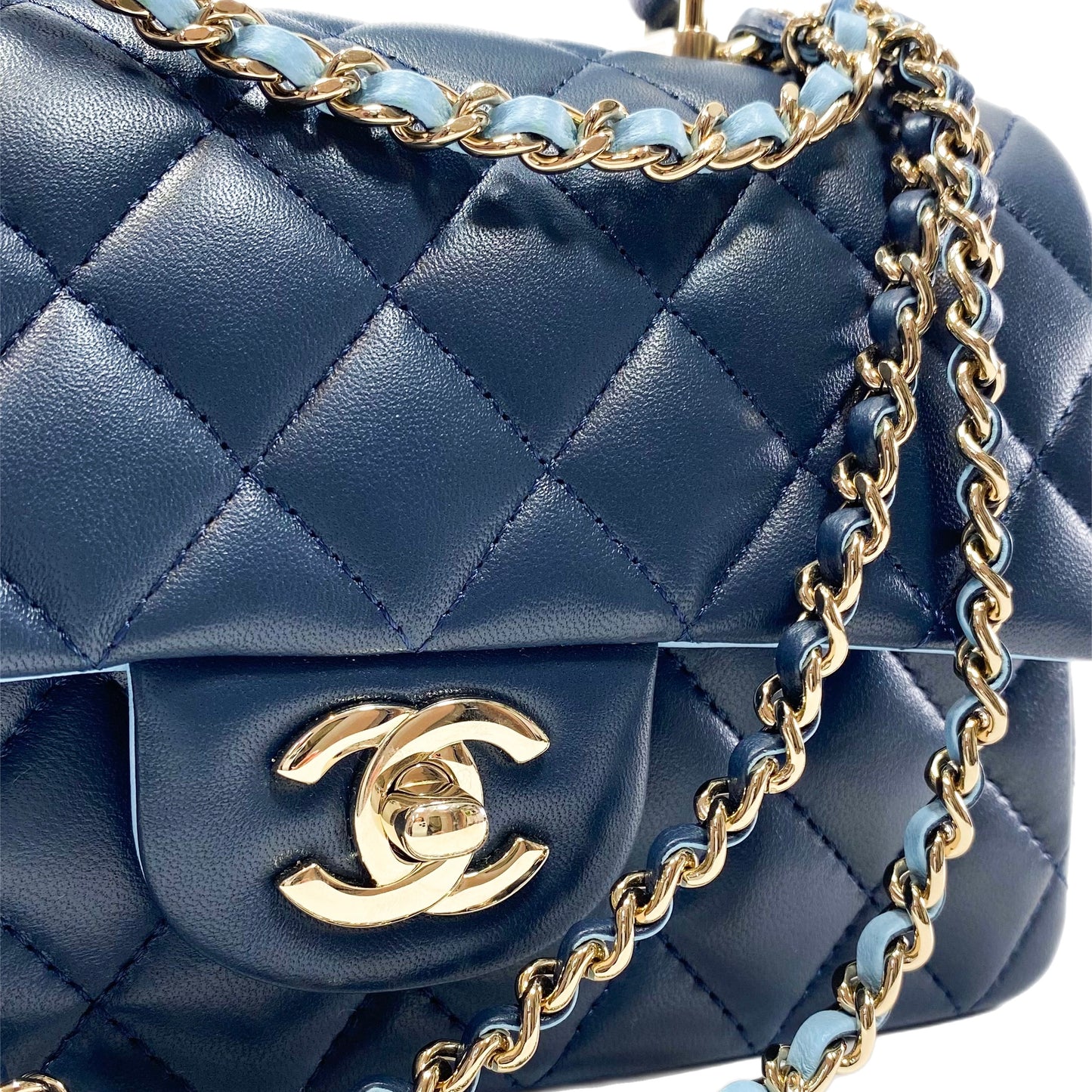 Chanel Quilted Lambskin Bi-Color Navy and Light Blue Mini Top Handle Rectangular Flap Bag