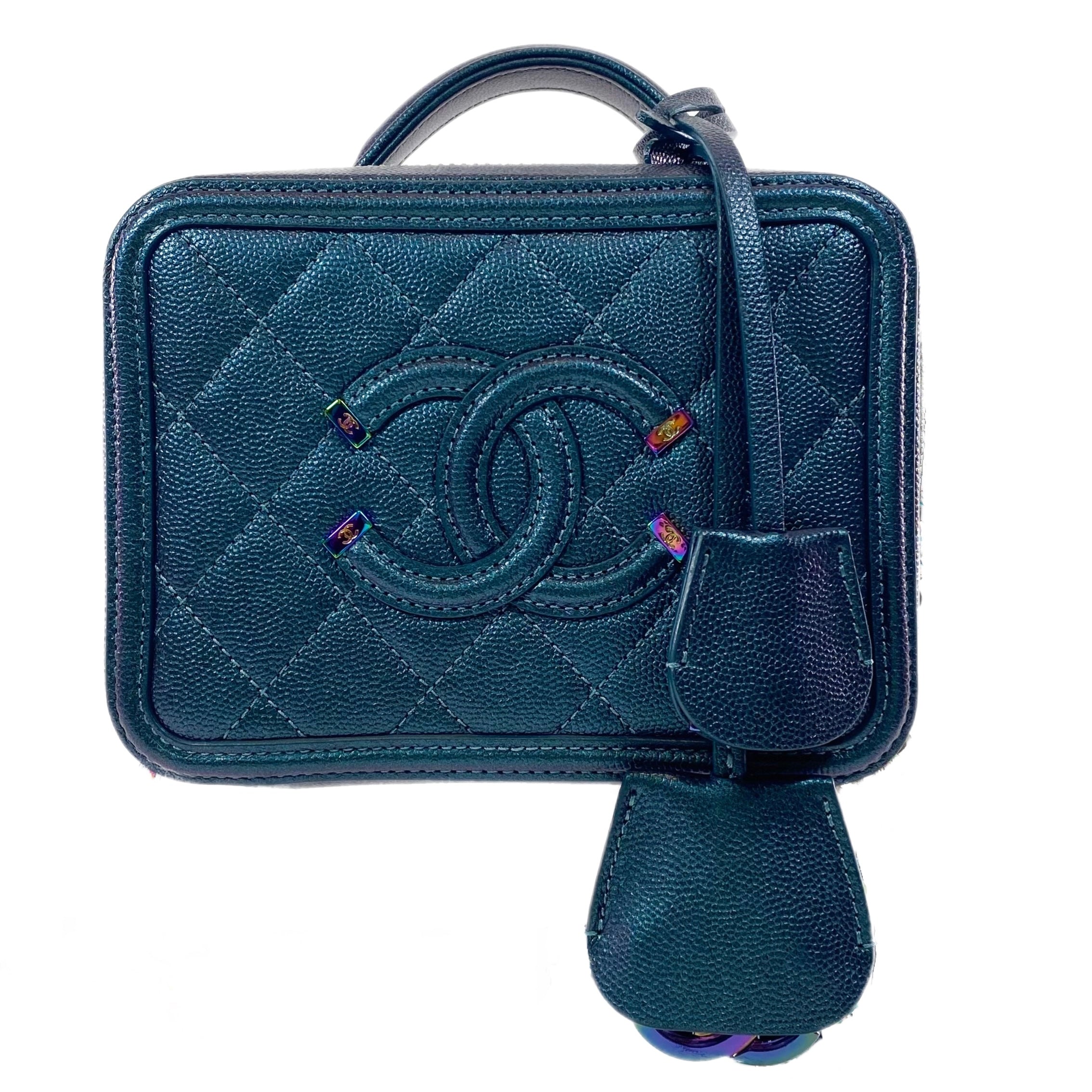 Chanel Iridescent Dark Turquoise Quilted Caviar Filigree Vanity Case