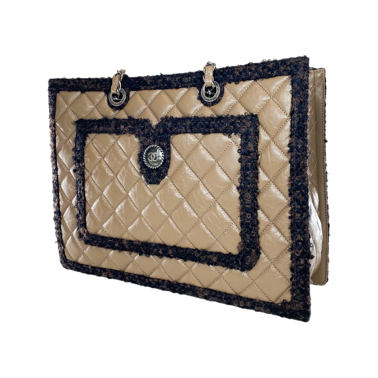 Chanel Brown Quilted Tweed Trim Secrets Tote Bag