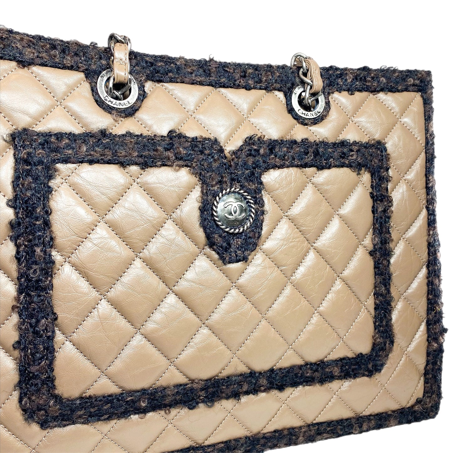 Chanel Brown Quilted Tweed Trim Secrets Tote Bag