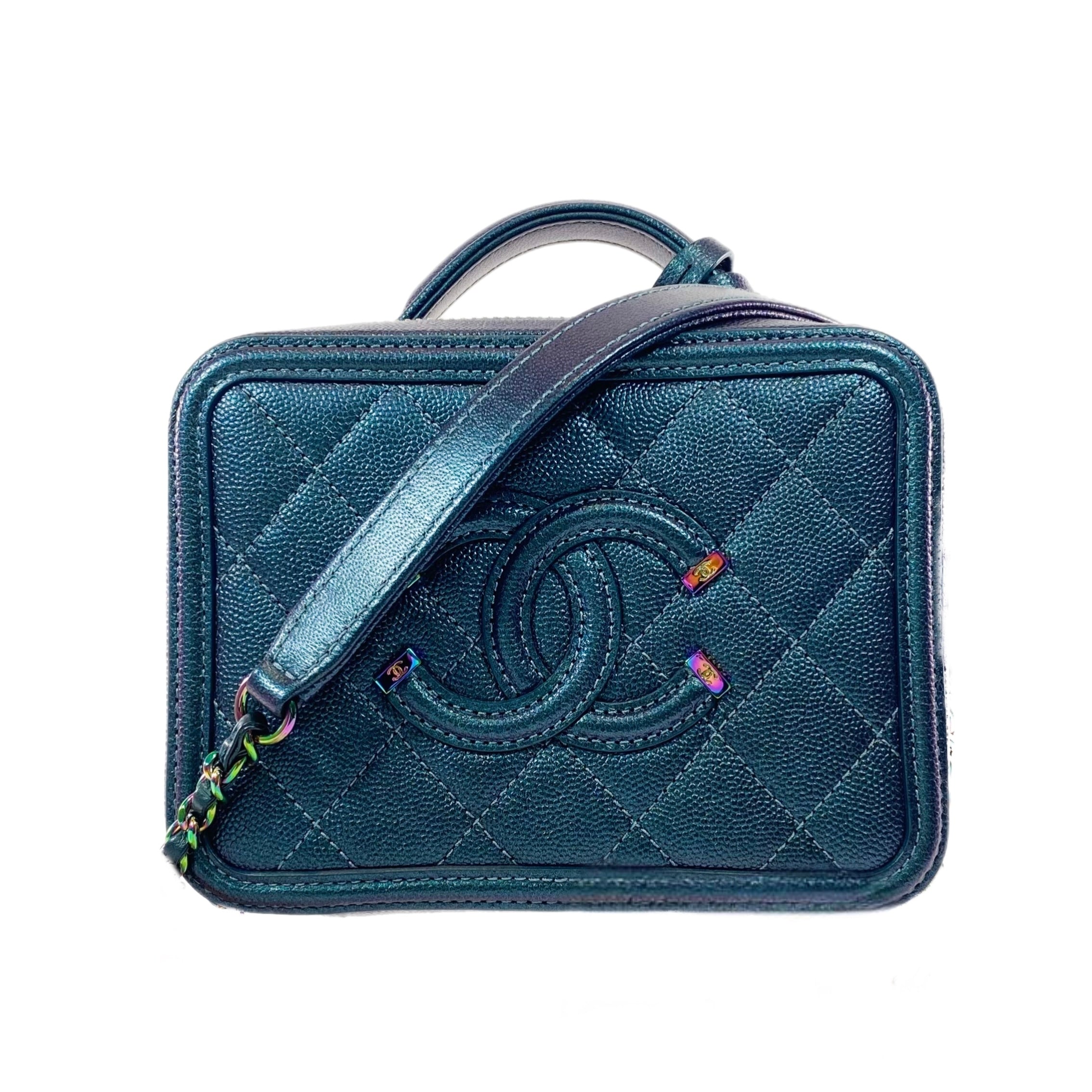 Chanel Iridescent Dark Turquoise Quilted Caviar Filigree Vanity Case