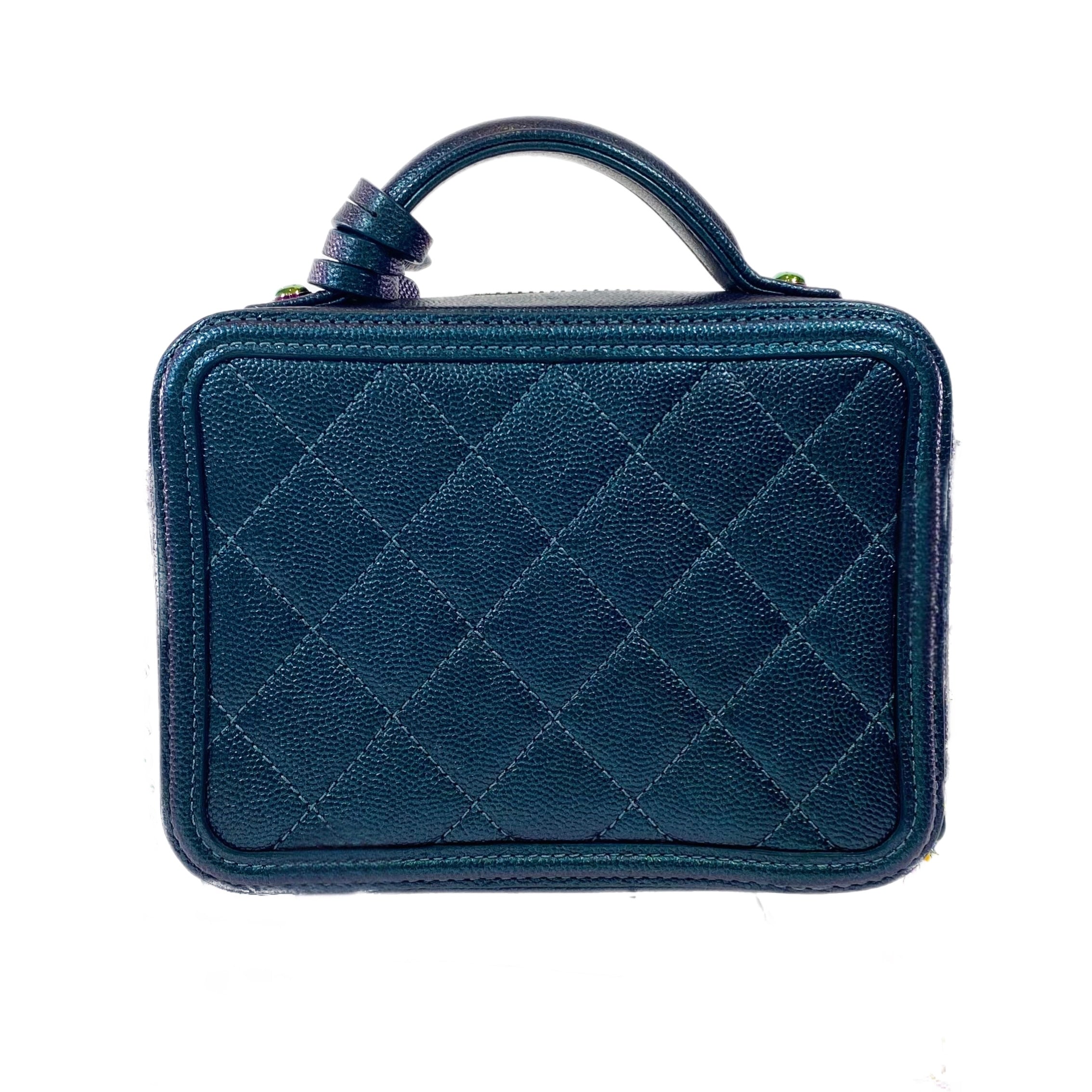 Chanel Iridescent Dark Turquoise Quilted Caviar Filigree Vanity Case