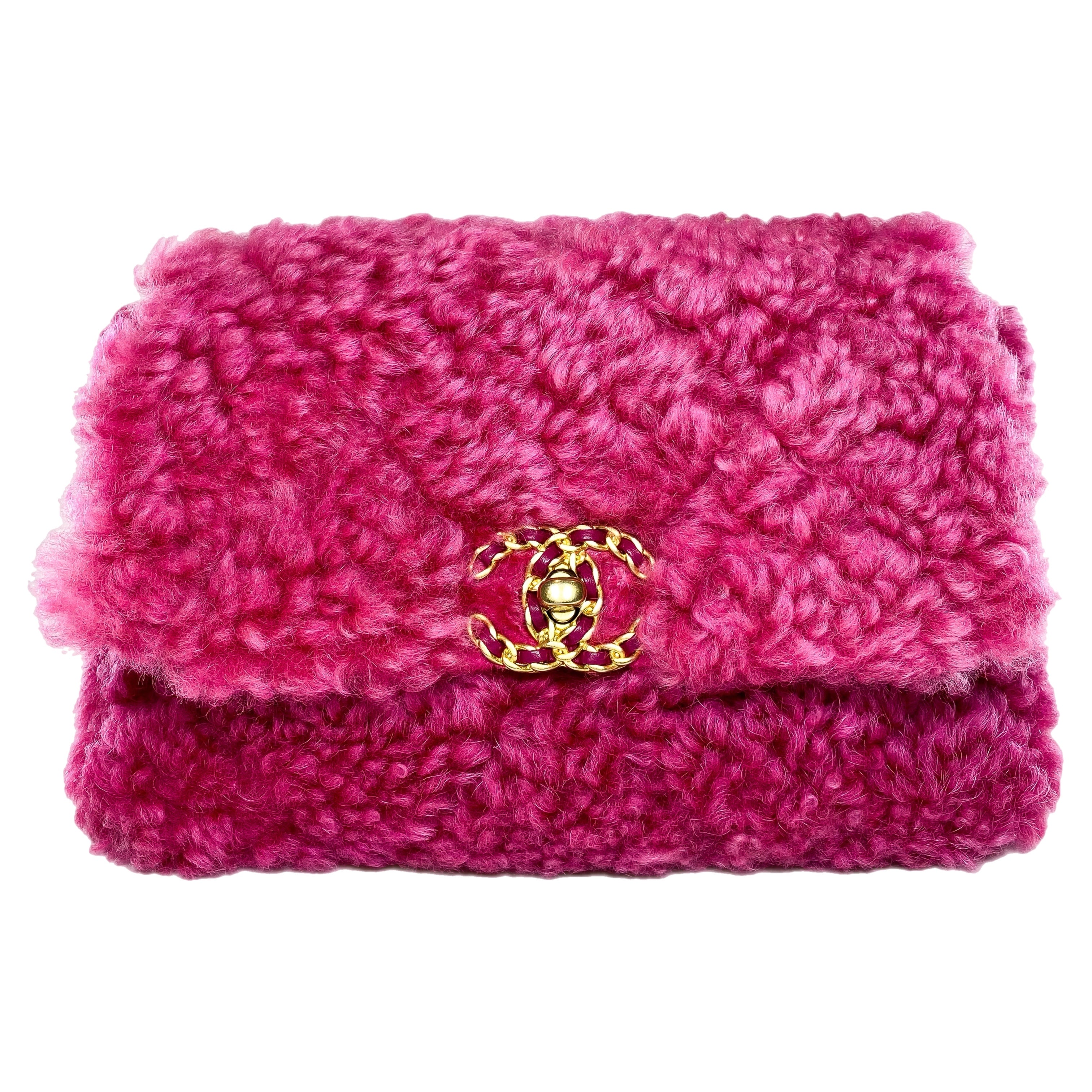 Chanel 19 Large Pink Shearling Sheepskin Flap Bag