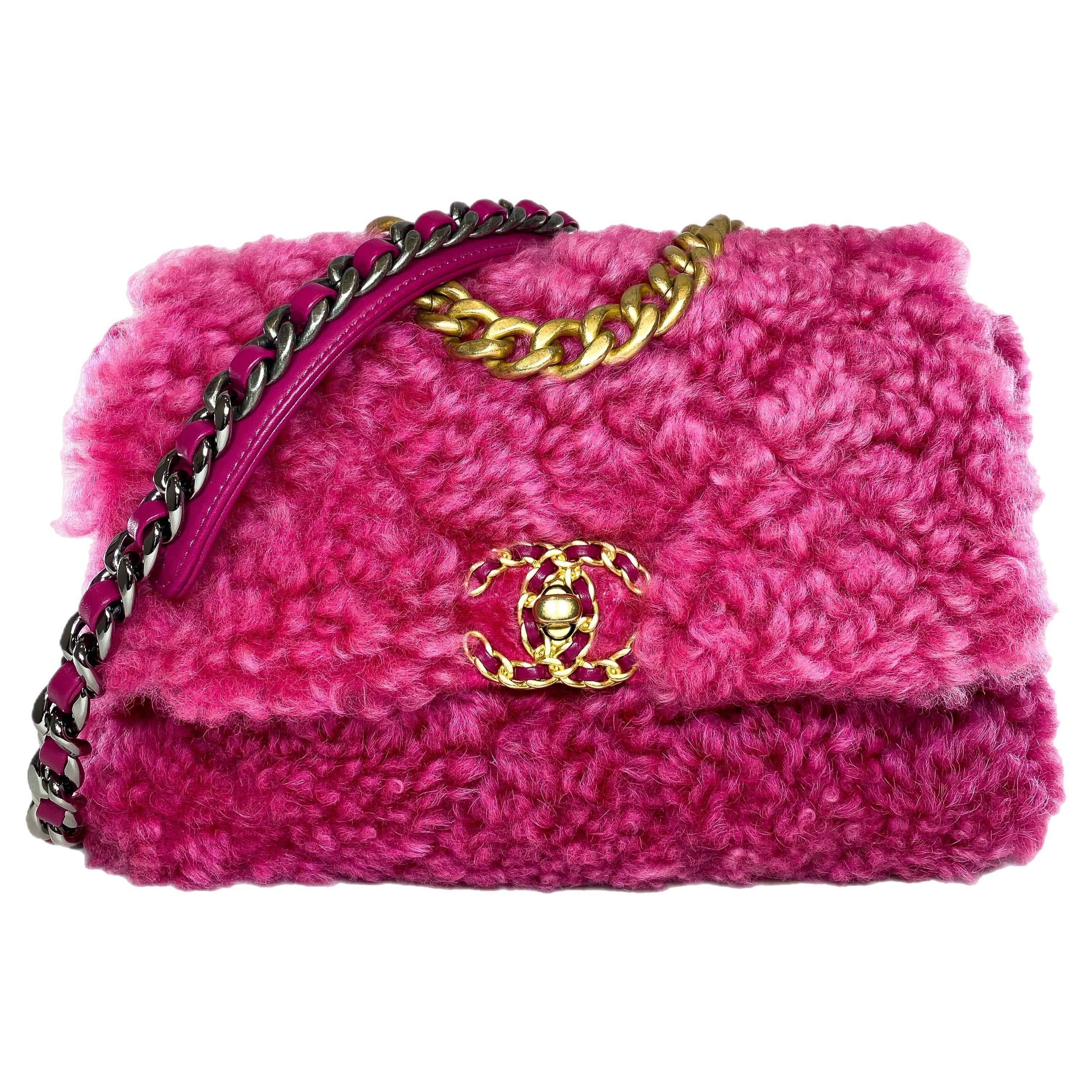 Chanel 19 Large Pink Shearling Sheepskin Flap Bag