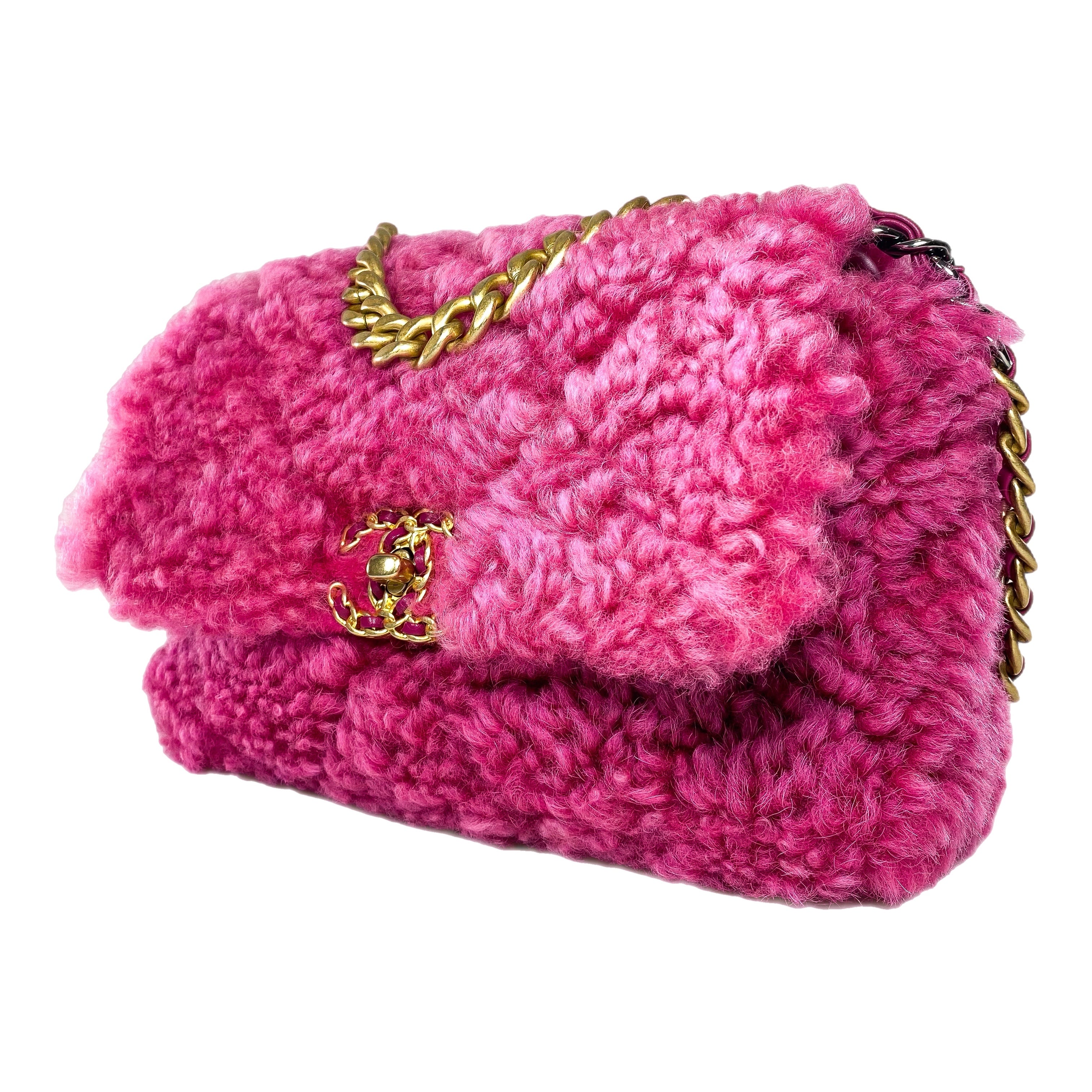 Chanel 19 Large Pink Shearling Sheepskin Flap Bag