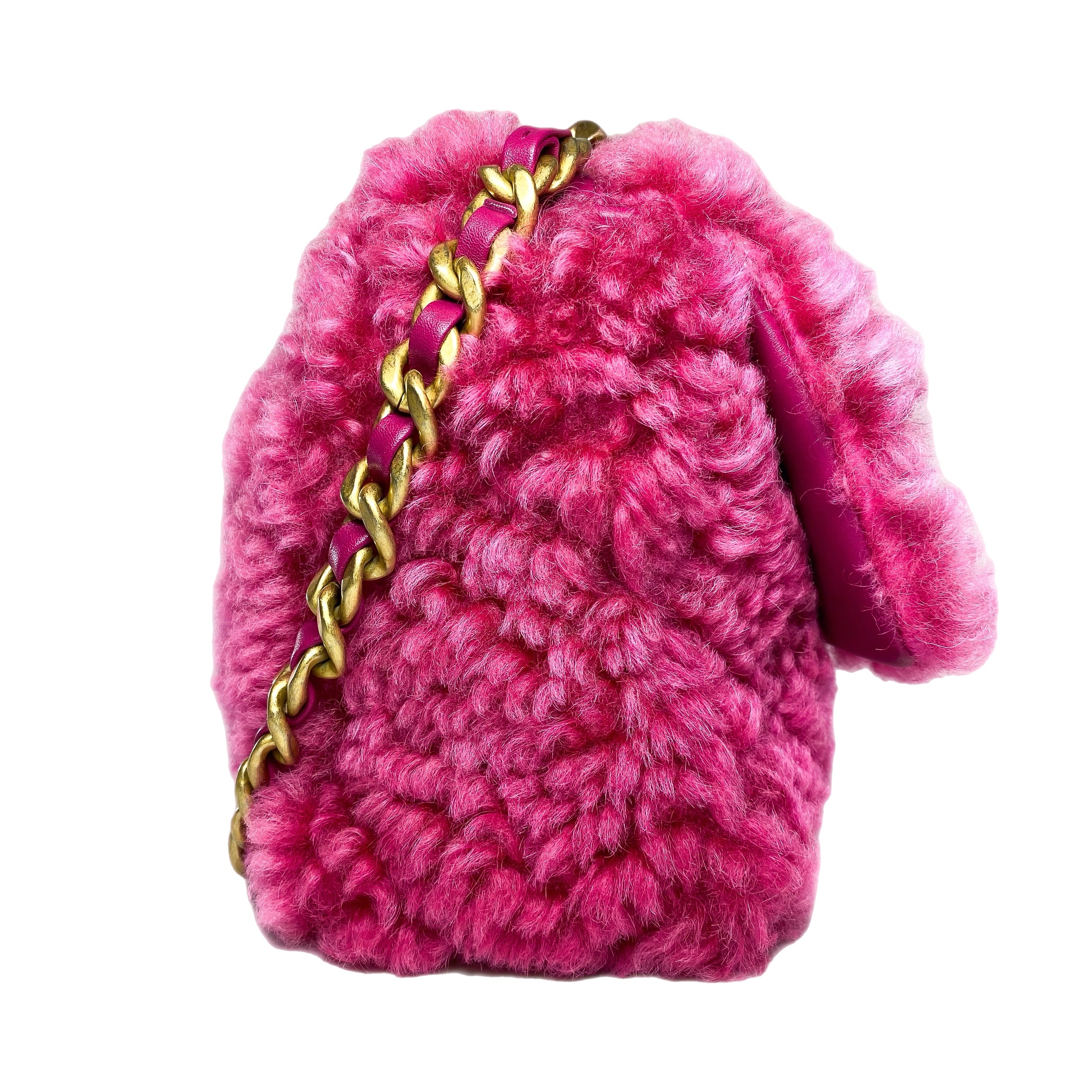 Chanel 19 Large Pink Shearling Sheepskin Flap Bag