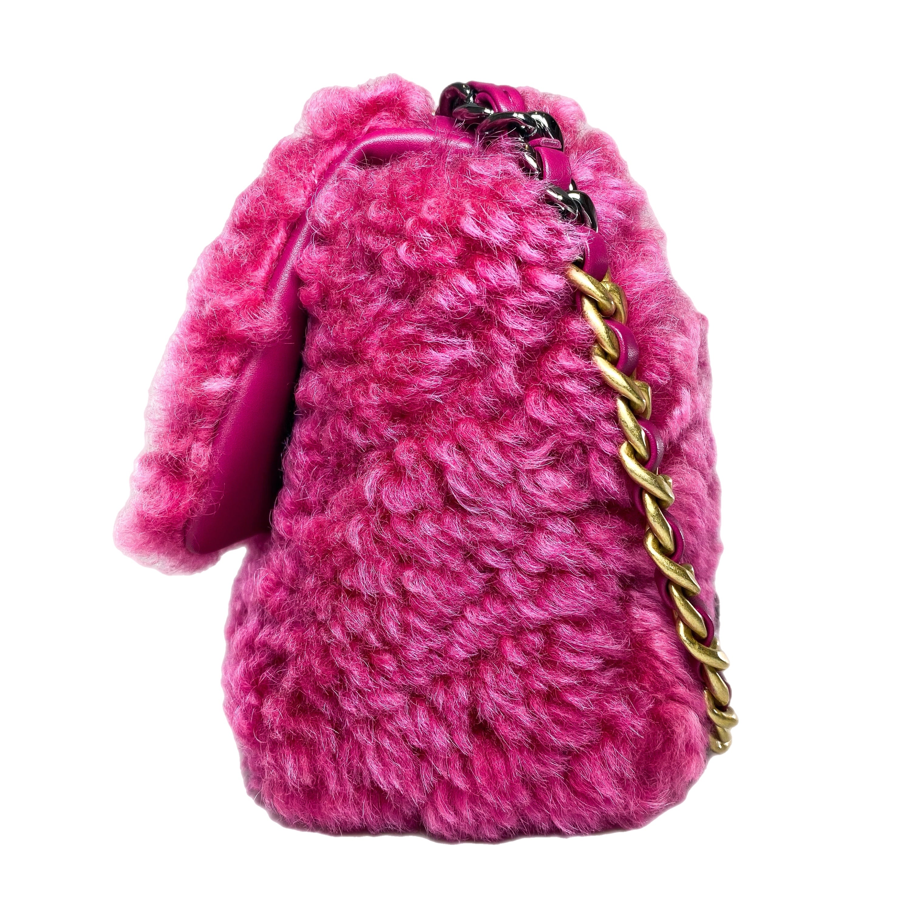 Chanel 19 Large Pink Shearling Sheepskin Flap Bag