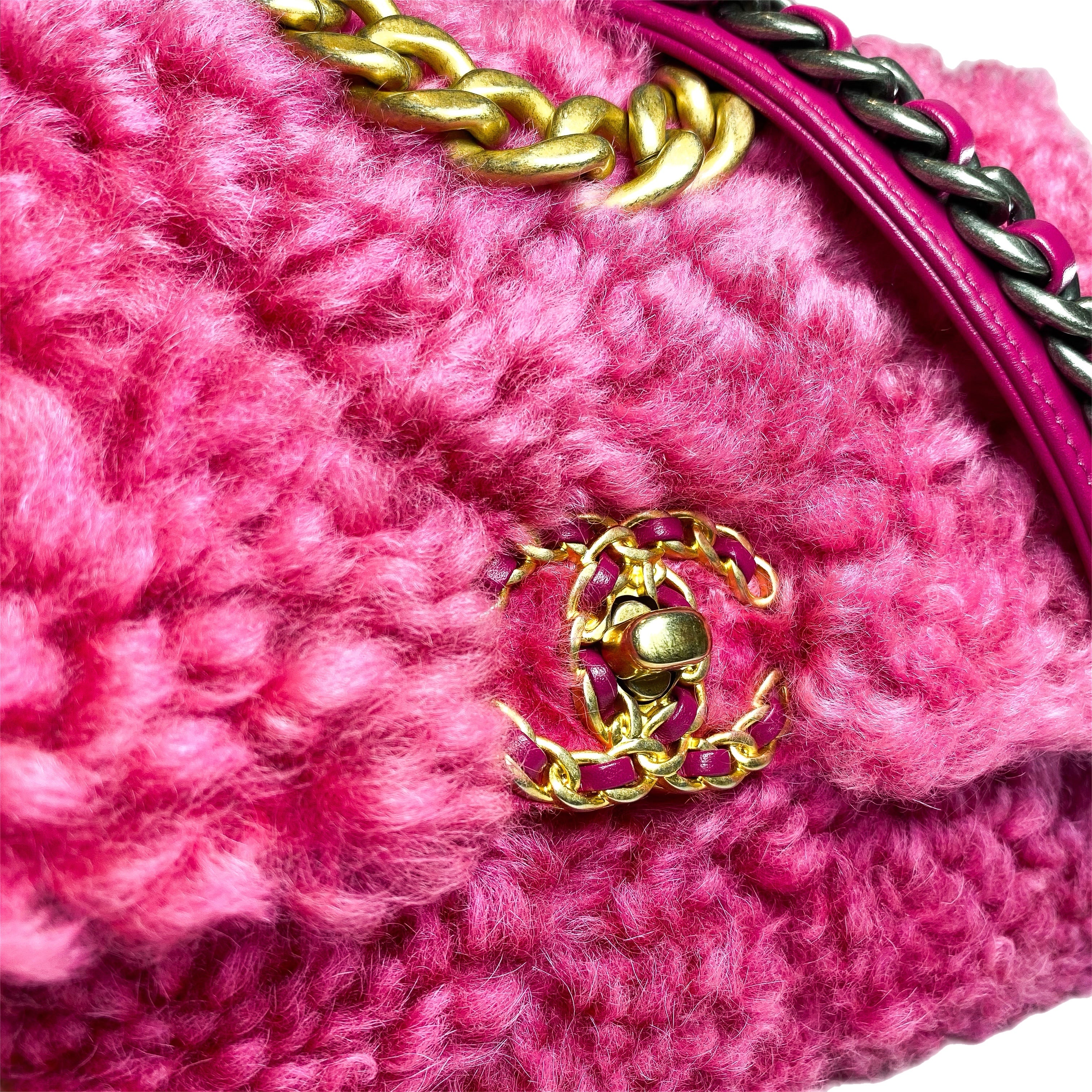 Chanel 19 Large Pink Shearling Sheepskin Flap Bag