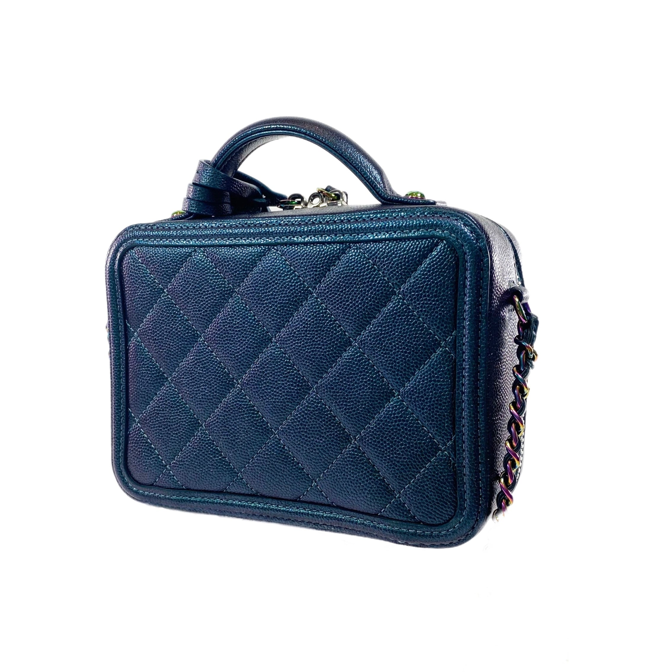 Chanel Iridescent Dark Turquoise Quilted Caviar Filigree Vanity Case