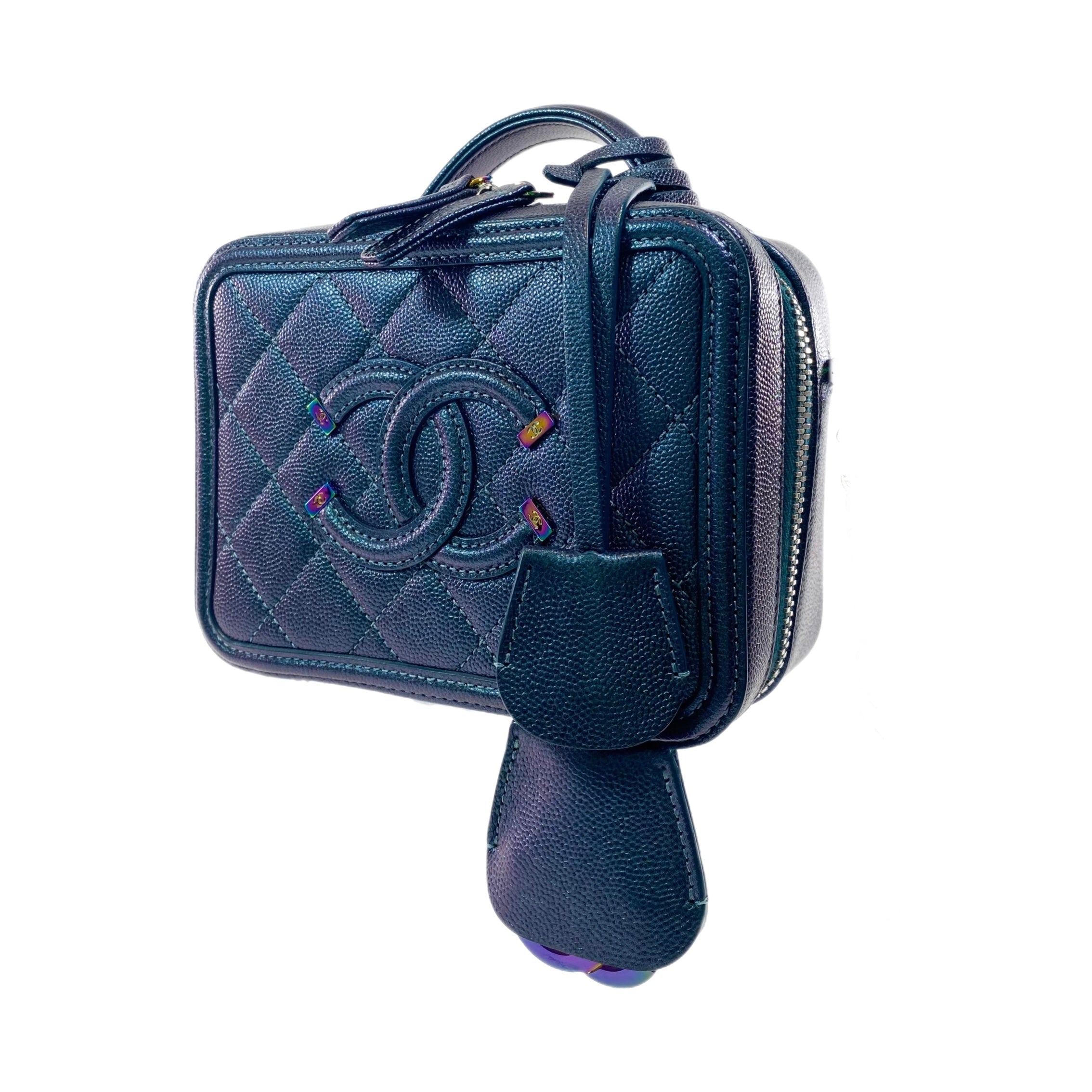 Chanel Iridescent Dark Turquoise Quilted Caviar Filigree Vanity Case