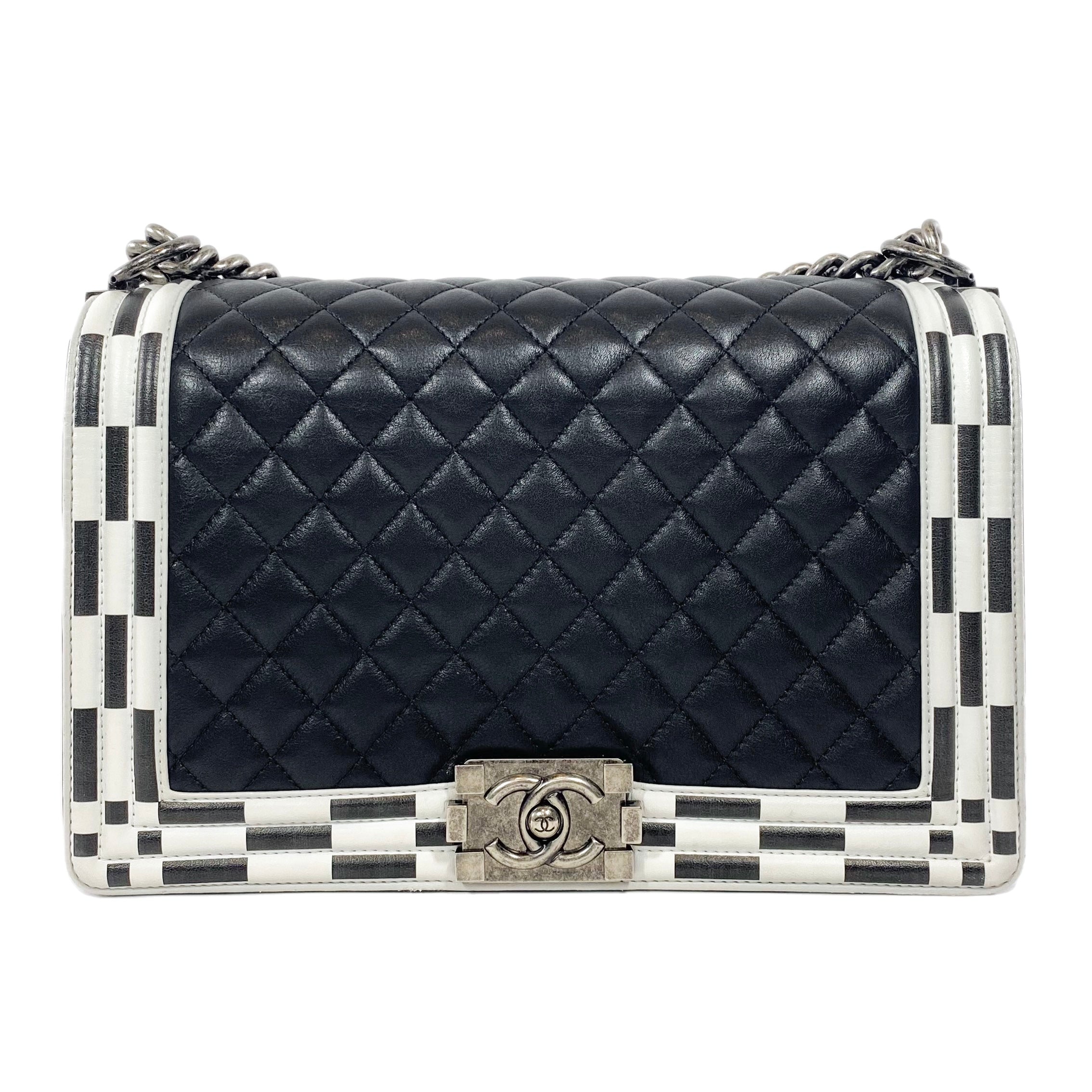 Chanel Black and White Quilted Calfskin New Medium Checkerboard Boy Flap Bag