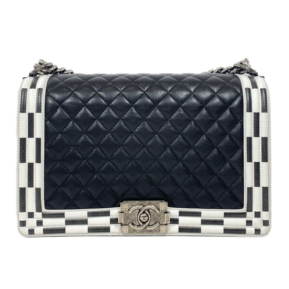 Chanel Black and White Quilted Calfskin New Medium Checkerboard Boy Flap Bag