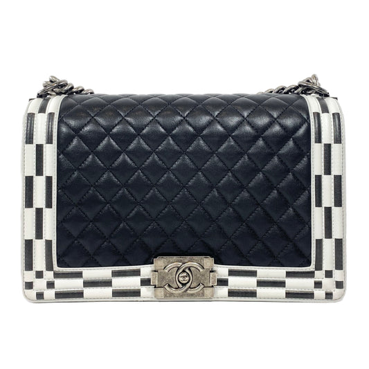 Chanel Black and White Quilted Calfskin New Medium Checkerboard Boy Flap Bag