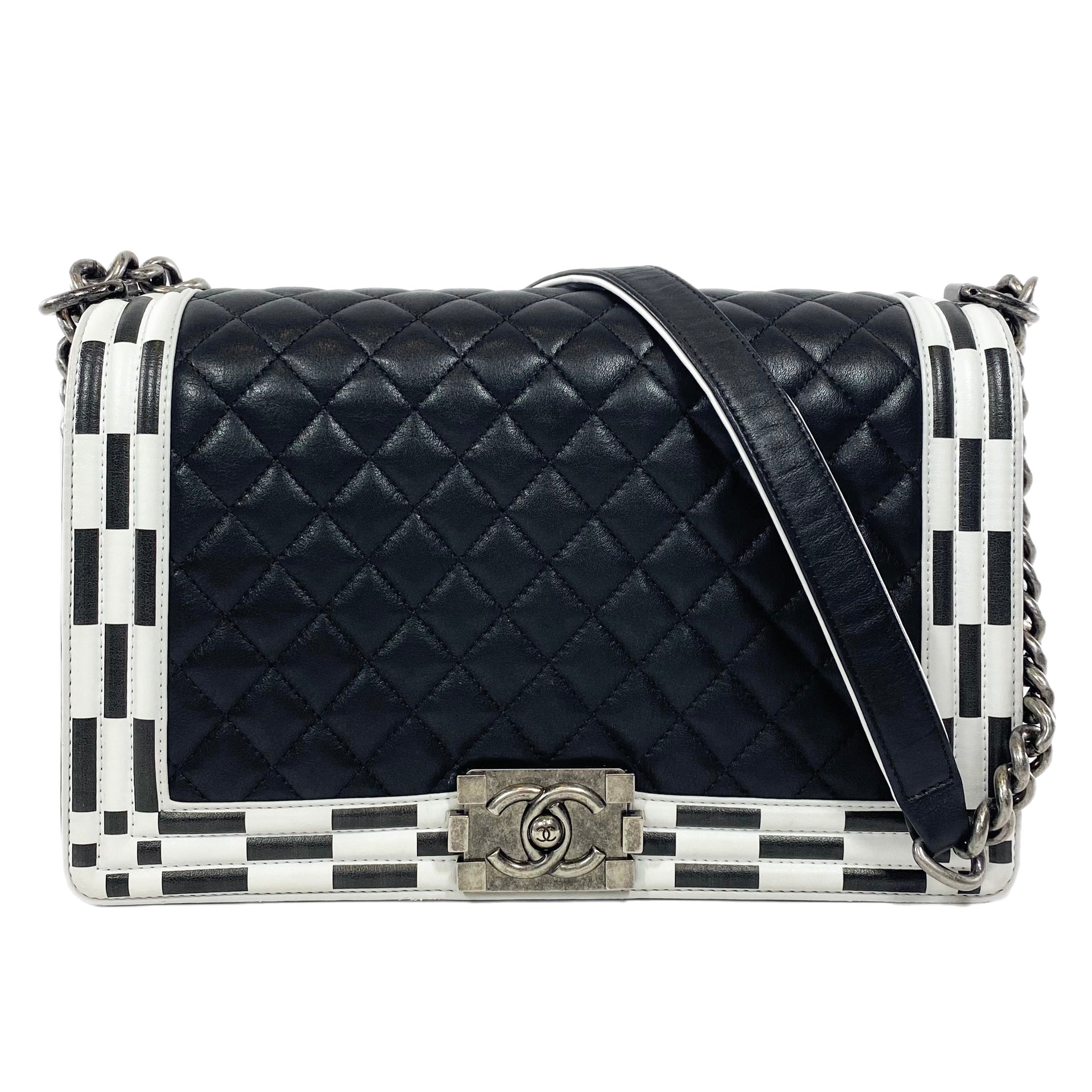 Chanel Black and White Quilted Calfskin New Medium Checkerboard Boy Flap Bag