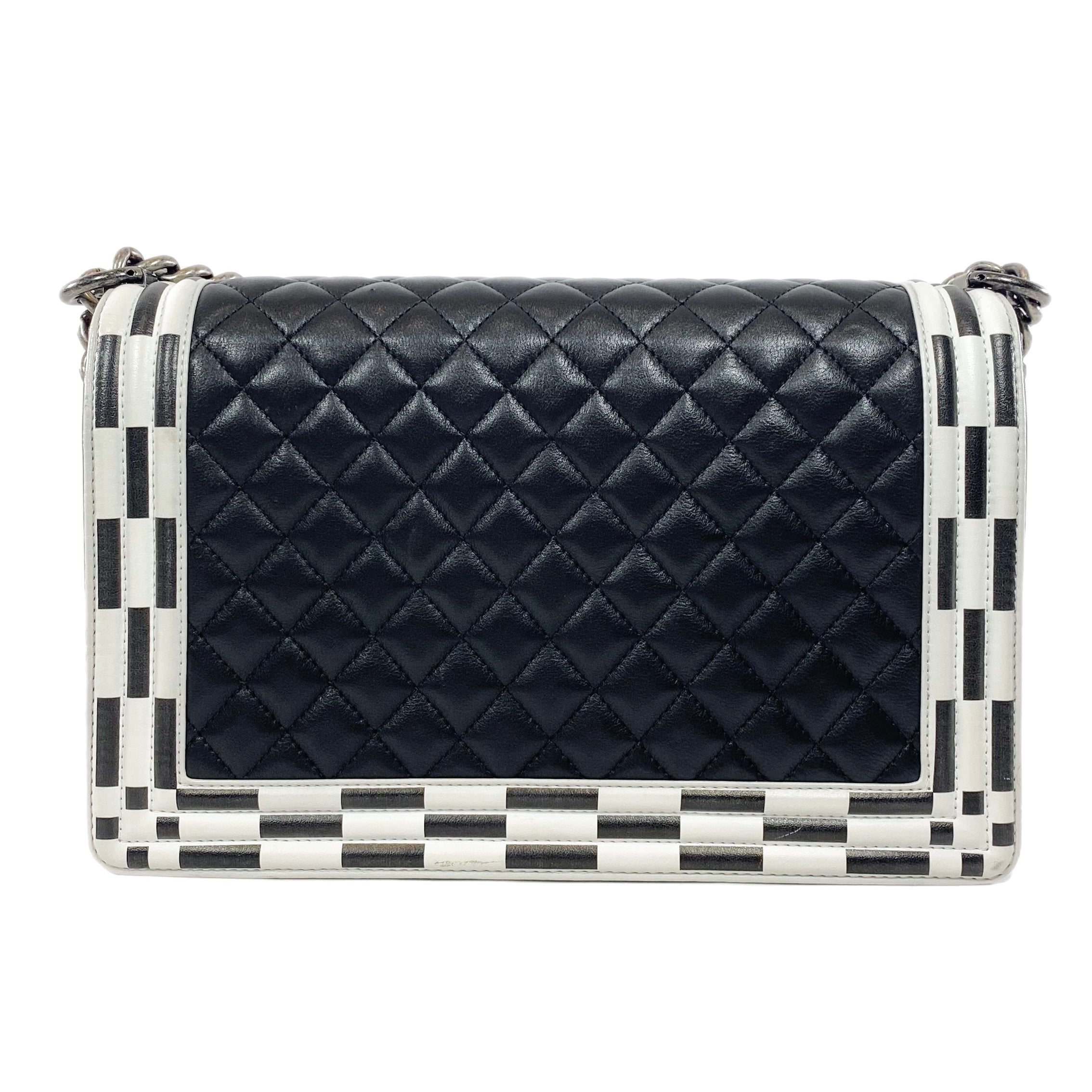 Chanel Black and White Quilted Calfskin New Medium Checkerboard Boy Flap Bag