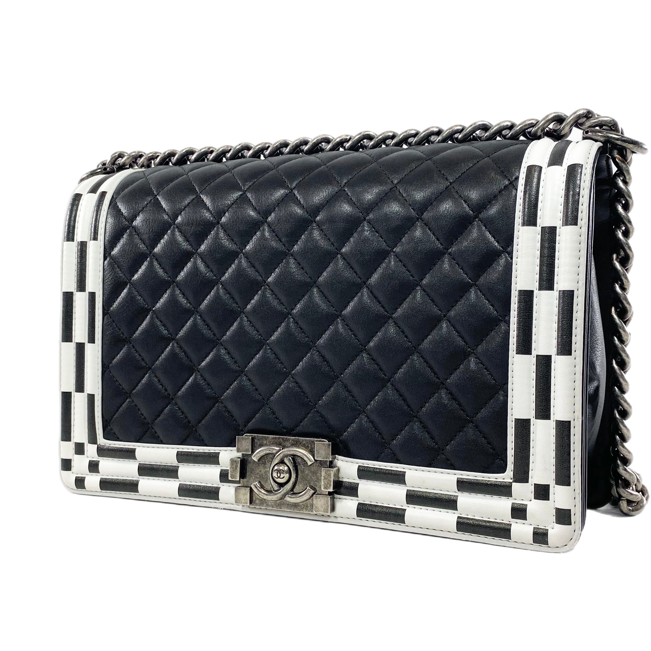 Chanel Black and White Quilted Calfskin New Medium Checkerboard Boy Flap Bag