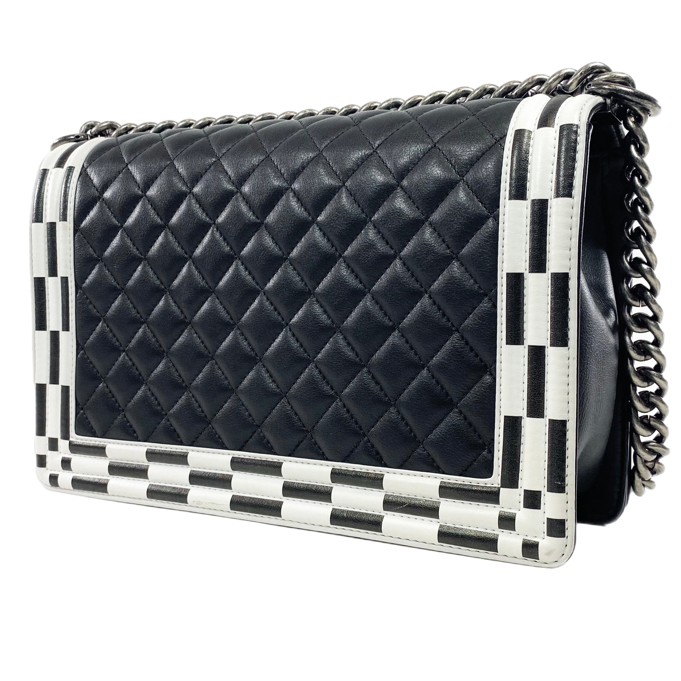 Chanel Black and White Quilted Calfskin New Medium Checkerboard Boy Flap Bag