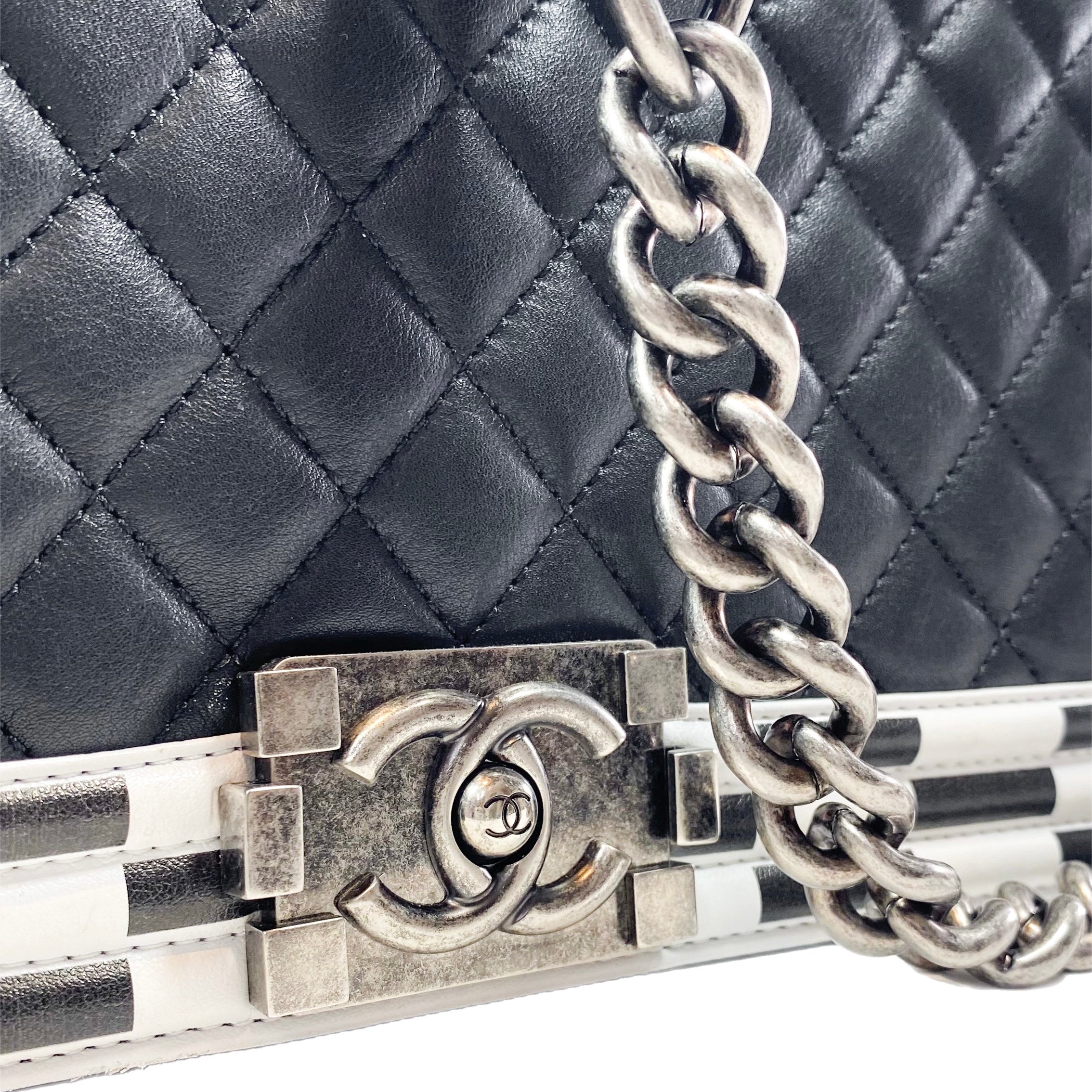 Chanel Black and White Quilted Calfskin New Medium Checkerboard Boy Flap Bag