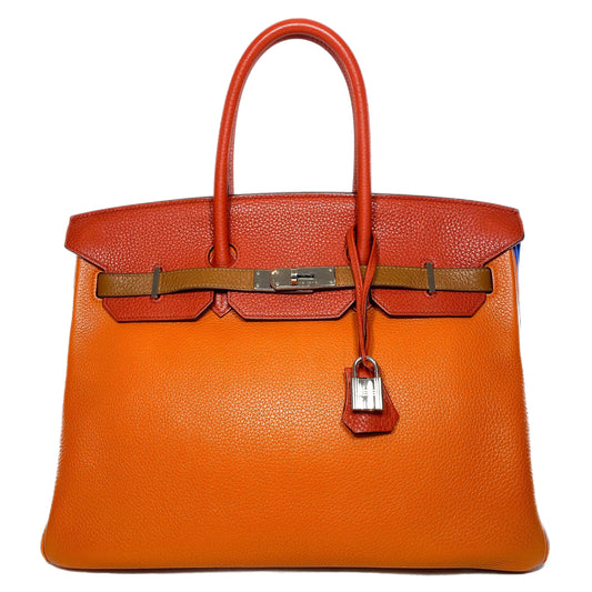 Hermes Birkin 35 Arlequin Orange Sanguine Gold Bleu Lin Bleu Hydra Etain Clemence Palladium Hardware
