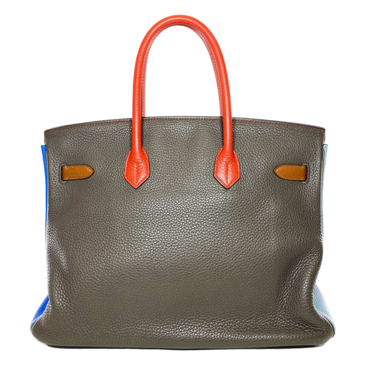 Hermes Birkin 35 Arlequin Orange Sanguine Gold Bleu Lin Bleu Hydra Etain Clemence Palladium Hardware