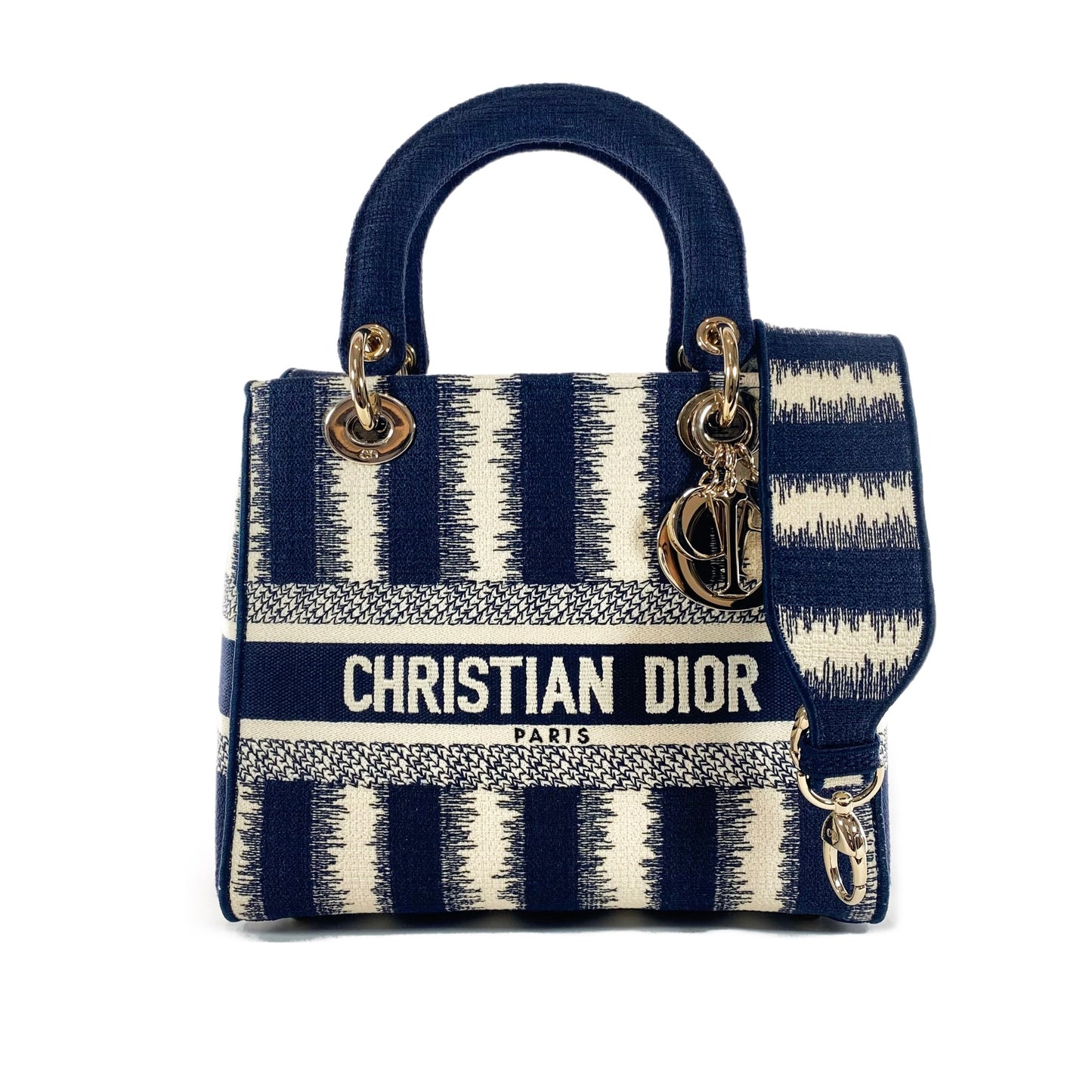 Dior Navy and Ivory Lady Dior D-Lite Striped Canvas Medium Bag