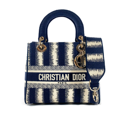 Dior Navy and Ivory Lady Dior D-Lite Striped Canvas Medium Bag
