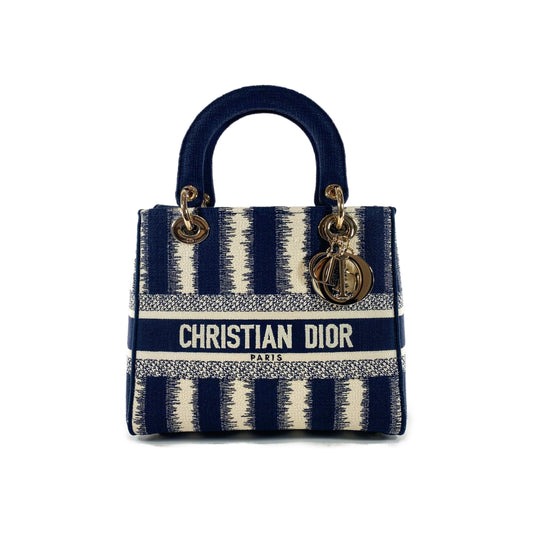 Dior Navy and Ivory Lady Dior D-Lite Striped Canvas Medium Bag
