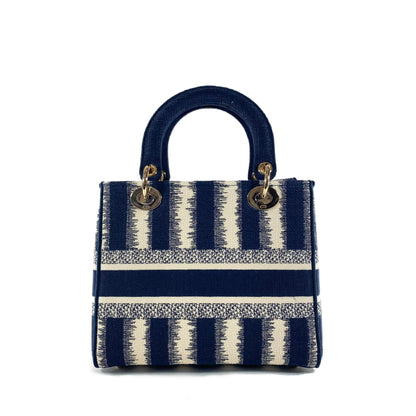 Dior Navy and Ivory Lady Dior D-Lite Striped Canvas Medium Bag