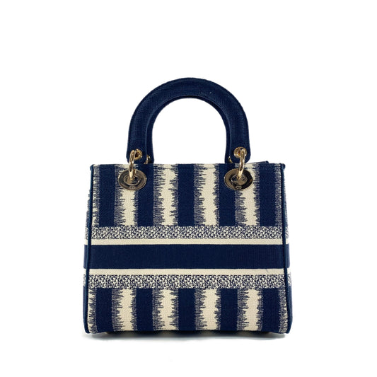 Dior Navy and Ivory Lady Dior D-Lite Striped Canvas Medium Bag