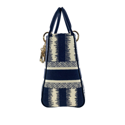 Dior Navy and Ivory Lady Dior D-Lite Striped Canvas Medium Bag