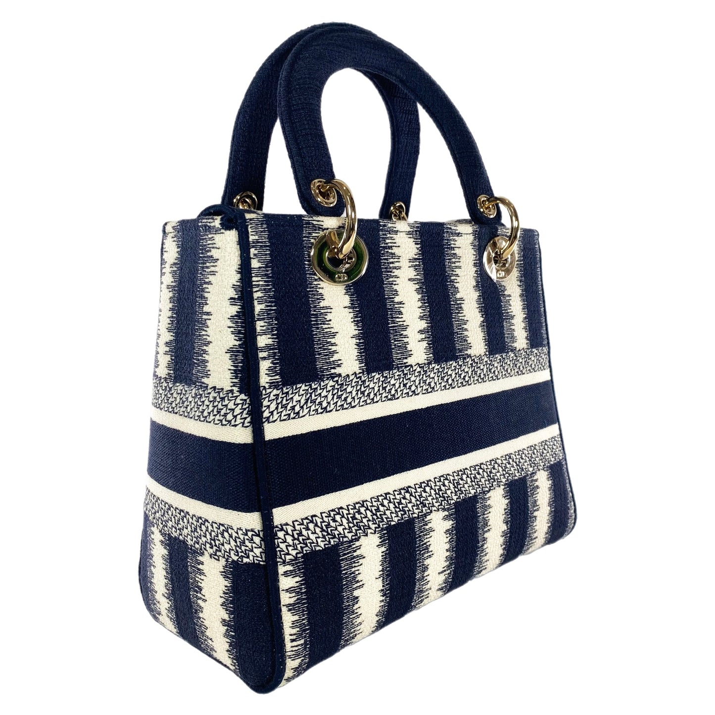 Dior Navy and Ivory Lady Dior D-Lite Striped Canvas Medium Bag