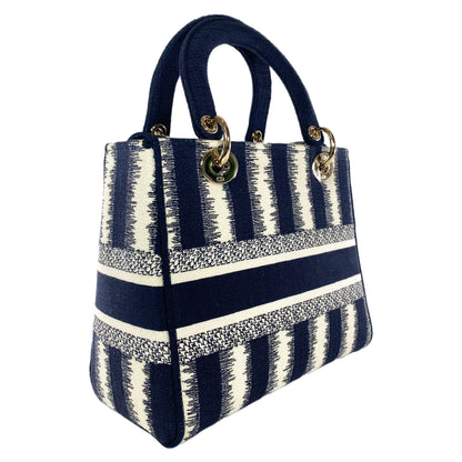 Dior Navy and Ivory Lady Dior D-Lite Striped Canvas Medium Bag