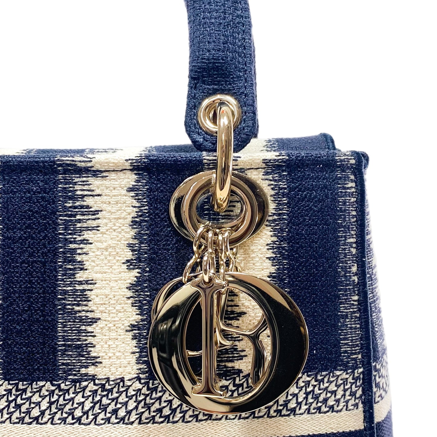 Dior Navy and Ivory Lady Dior D-Lite Striped Canvas Medium Bag