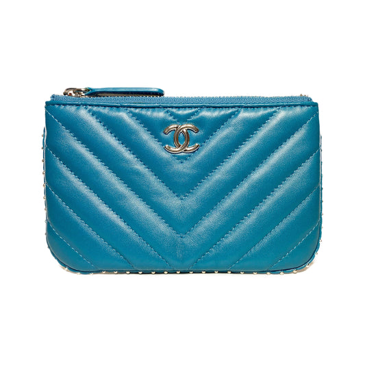 Chanel Teal Studded Chevron Zip Pouch