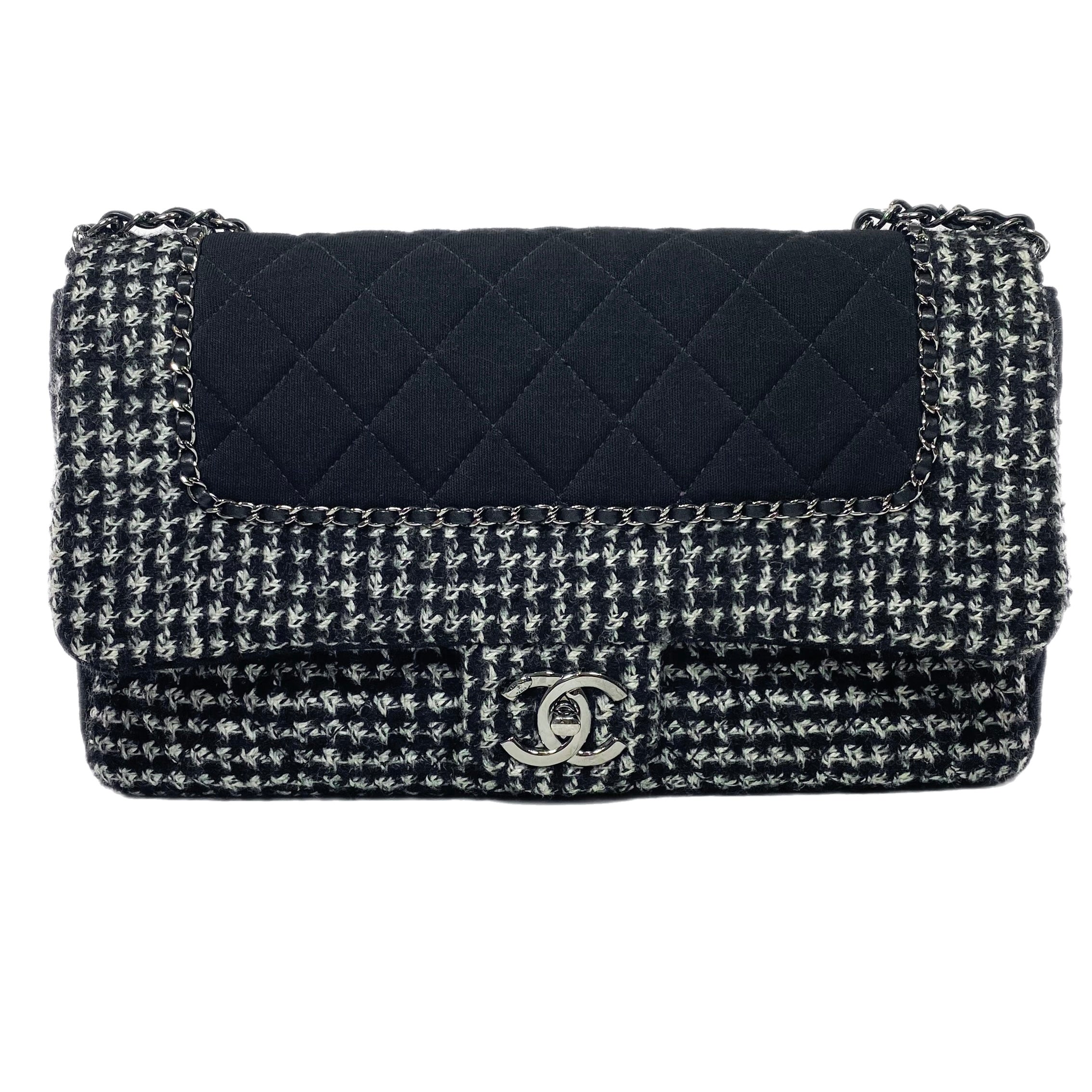 Chanel Black and Ecru Tweed Jersey Quilted Large Flap Bag