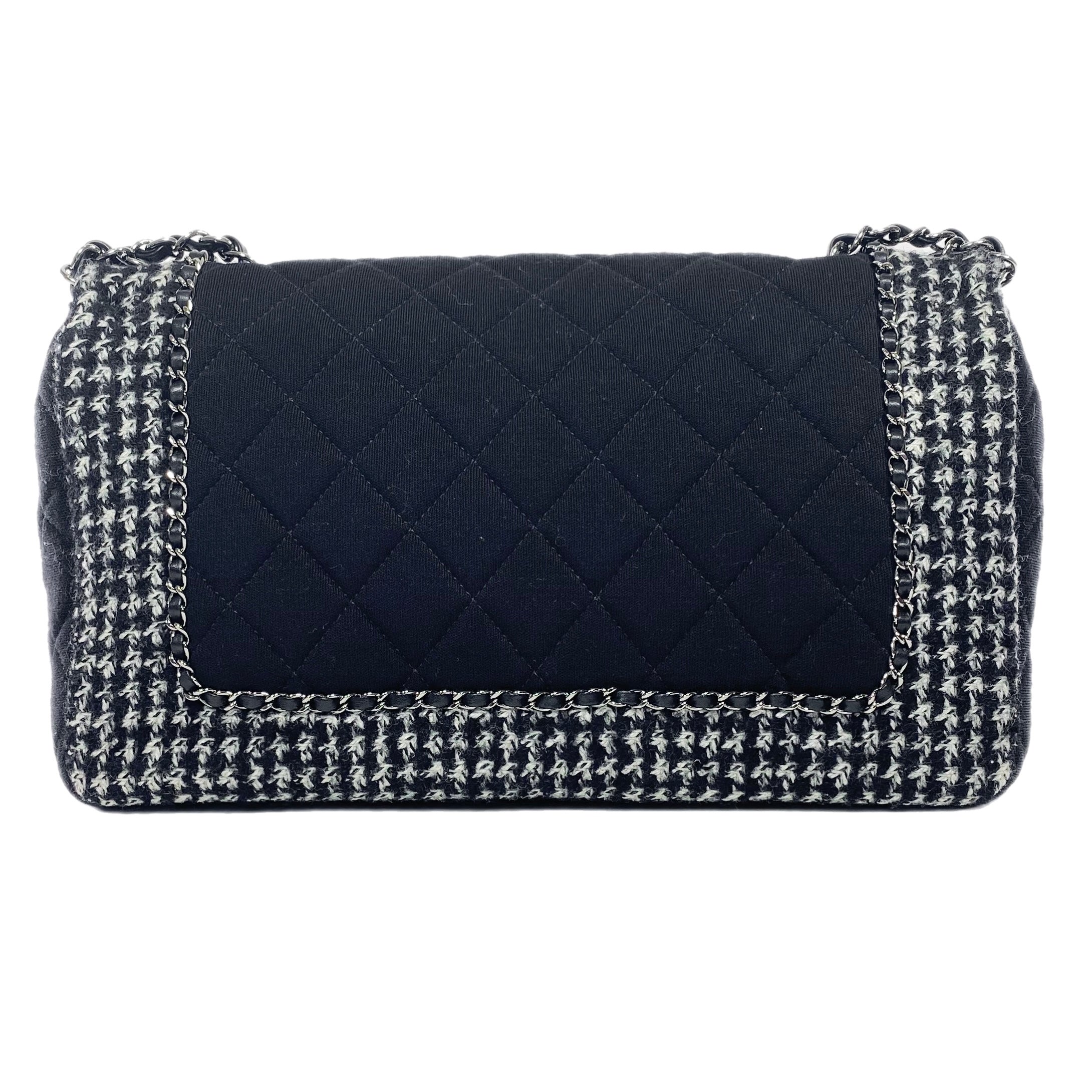 Chanel Black and Ecru Tweed Jersey Quilted Large Flap Bag