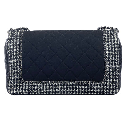 Chanel Black and Ecru Tweed Jersey Quilted Large Flap Bag