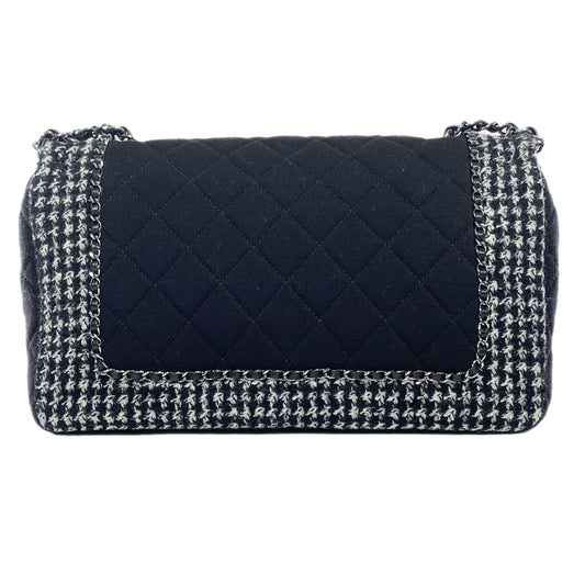 Chanel Black and Ecru Tweed Jersey Quilted Large Flap Bag