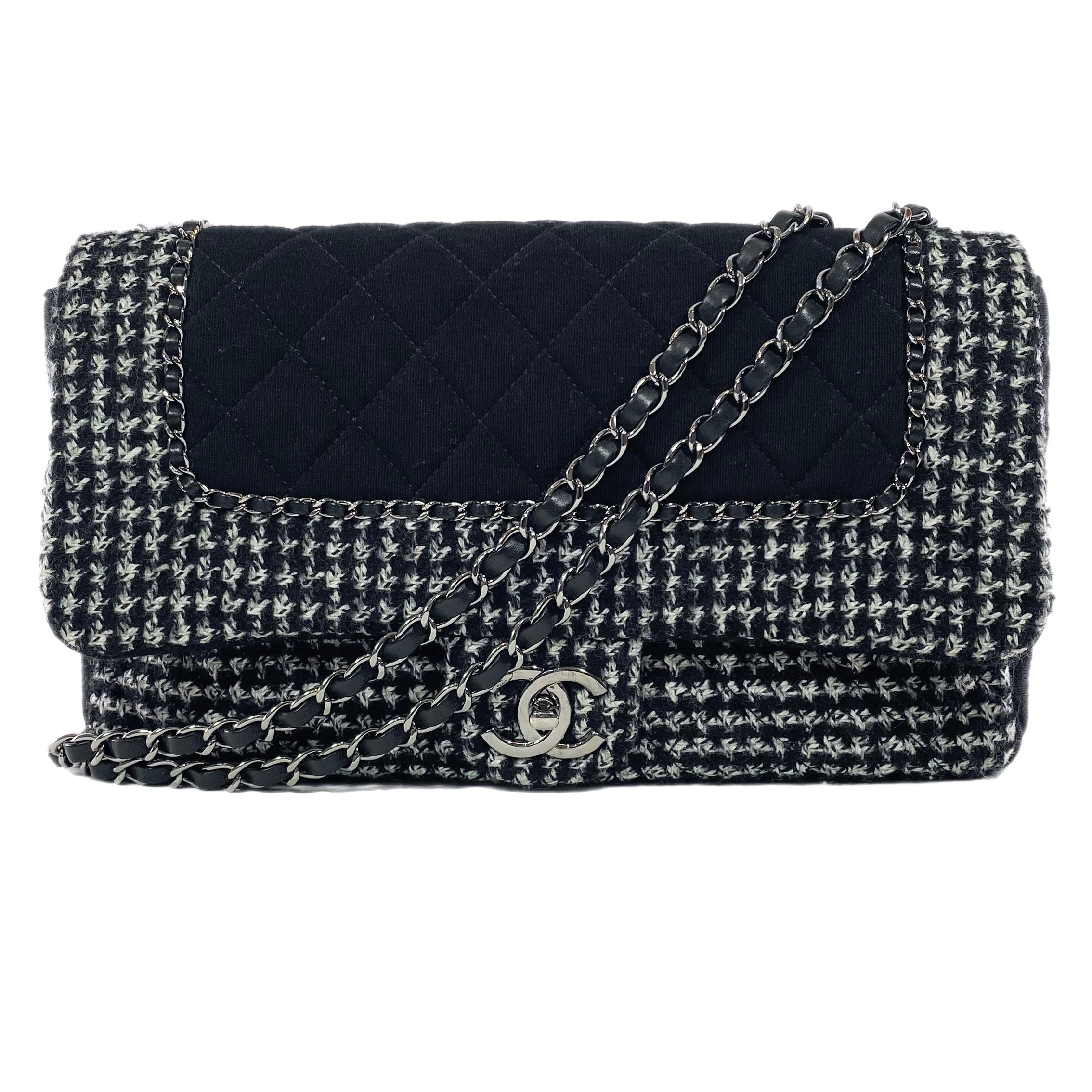 Chanel Black and Ecru Tweed Jersey Quilted Large Flap Bag